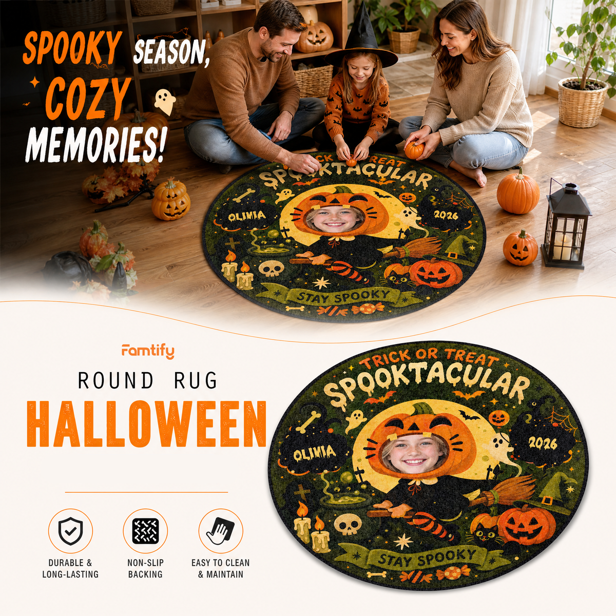 Personalized Halloween Spooktacular Custom Photo Pumpkin Round Rug Custom Name Home Decor Floor Mat