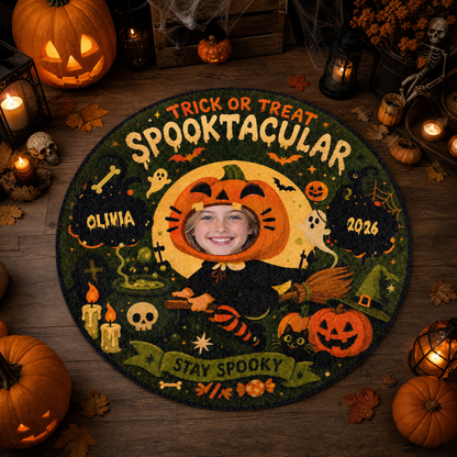 Personalized Halloween Spooktacular Custom Photo Pumpkin Round Rug Custom Name Home Decor Floor Mat