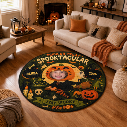 Personalized Halloween Spooktacular Custom Photo Pumpkin Round Rug Custom Name Home Decor Floor Mat
