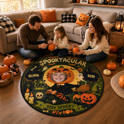Personalized Halloween Spooktacular Custom Photo Pumpkin Round Rug Custom Name Home Decor Floor Mat