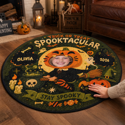 Personalized Halloween Spooktacular Custom Photo Pumpkin Round Rug Custom Name Home Decor Floor Mat