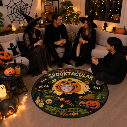 Personalized Halloween Spooktacular Custom Photo Pumpkin Round Rug Custom Name Home Decor Floor Mat