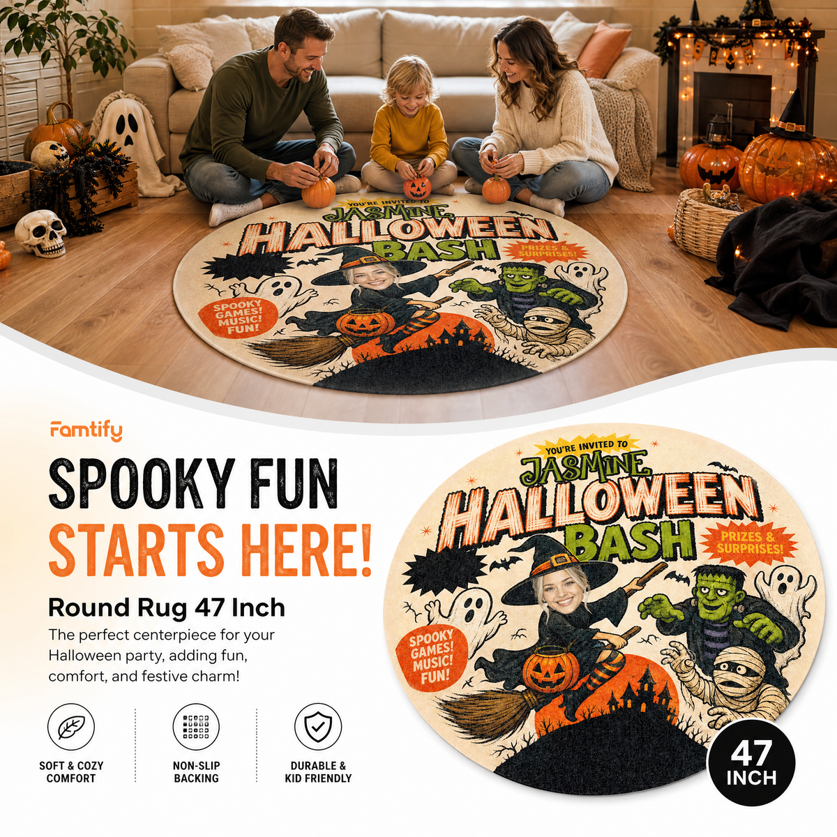 Personalized Halloween Bash Custom Photo Witch Frankenstein Round Rug Custom Name Home Decor Floor Mat