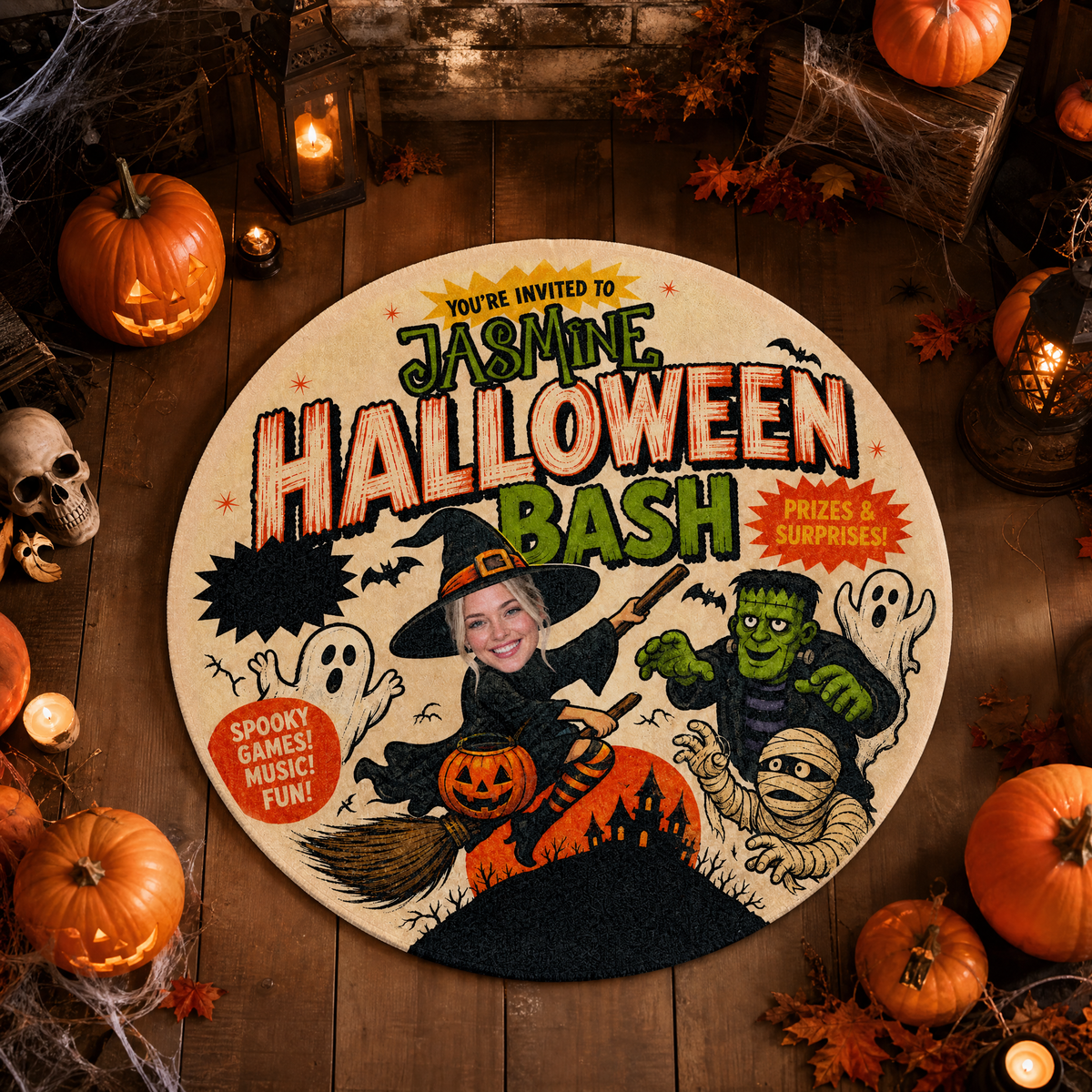 Personalized Halloween Bash Custom Photo Witch Frankenstein Round Rug Custom Name Home Decor Floor Mat