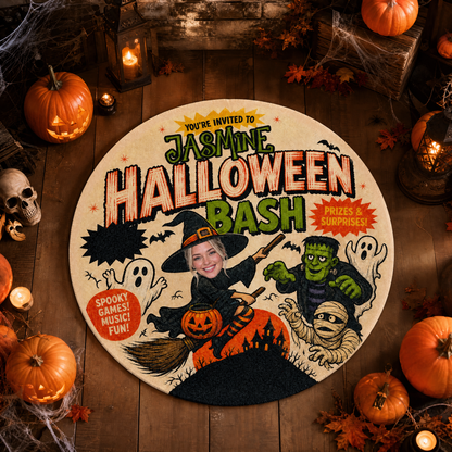 Personalized Halloween Bash Custom Photo Witch Frankenstein Round Rug Custom Name Home Decor Floor Mat