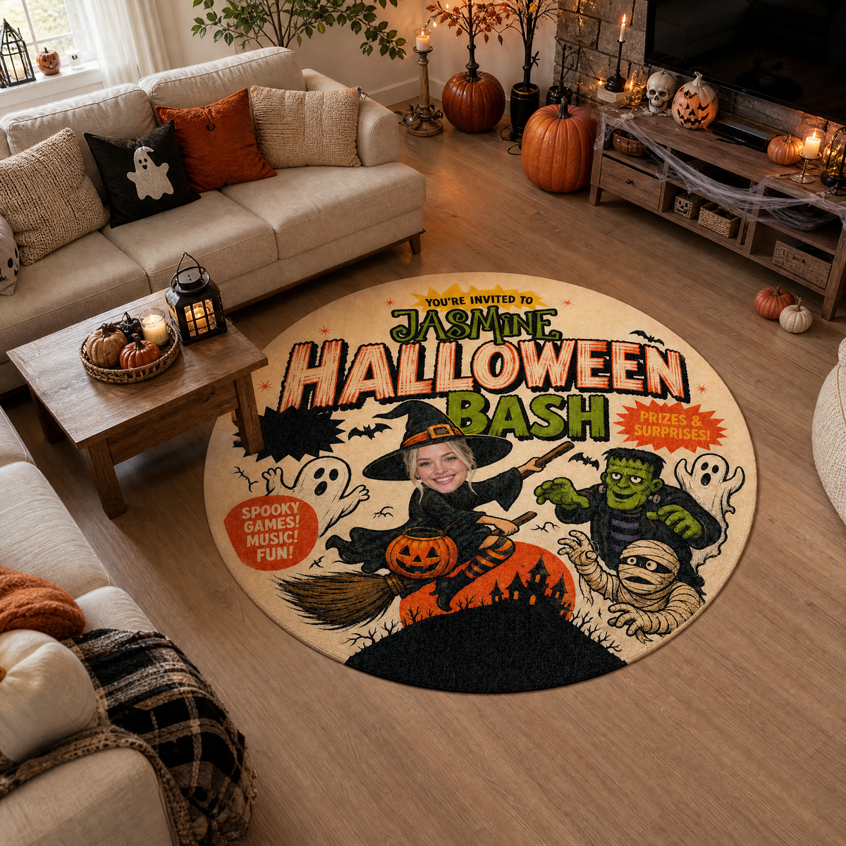 Personalized Halloween Bash Custom Photo Witch Frankenstein Round Rug Custom Name Home Decor Floor Mat