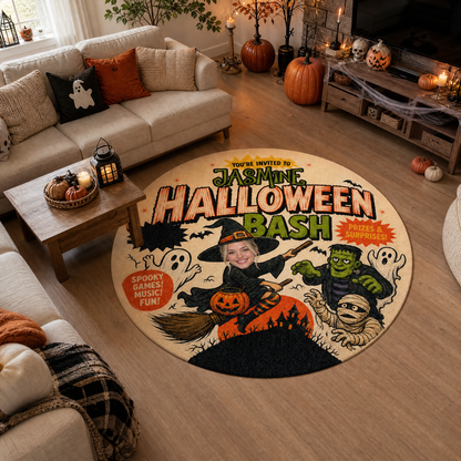 Personalized Halloween Bash Custom Photo Witch Frankenstein Round Rug Custom Name Home Decor Floor Mat