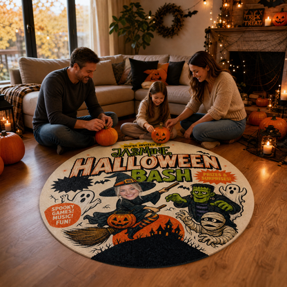 Personalized Halloween Bash Custom Photo Witch Frankenstein Round Rug Custom Name Home Decor Floor Mat