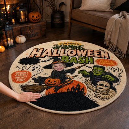 Personalized Halloween Bash Custom Photo Witch Frankenstein Round Rug Custom Name Home Decor Floor Mat