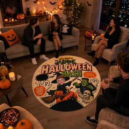 Personalized Halloween Bash Custom Photo Witch Frankenstein Round Rug Custom Name Home Decor Floor Mat