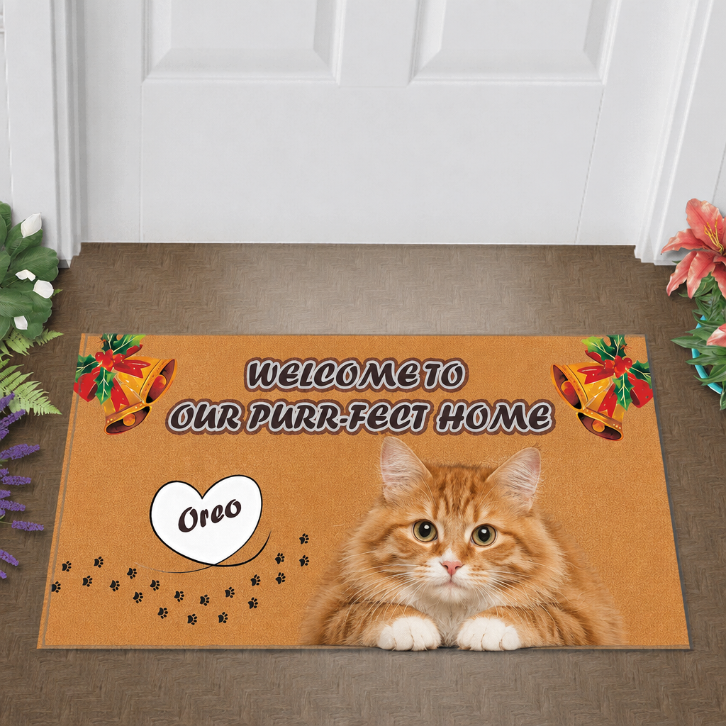 Purr-fect Home personalized cat photo doormat at a white front door