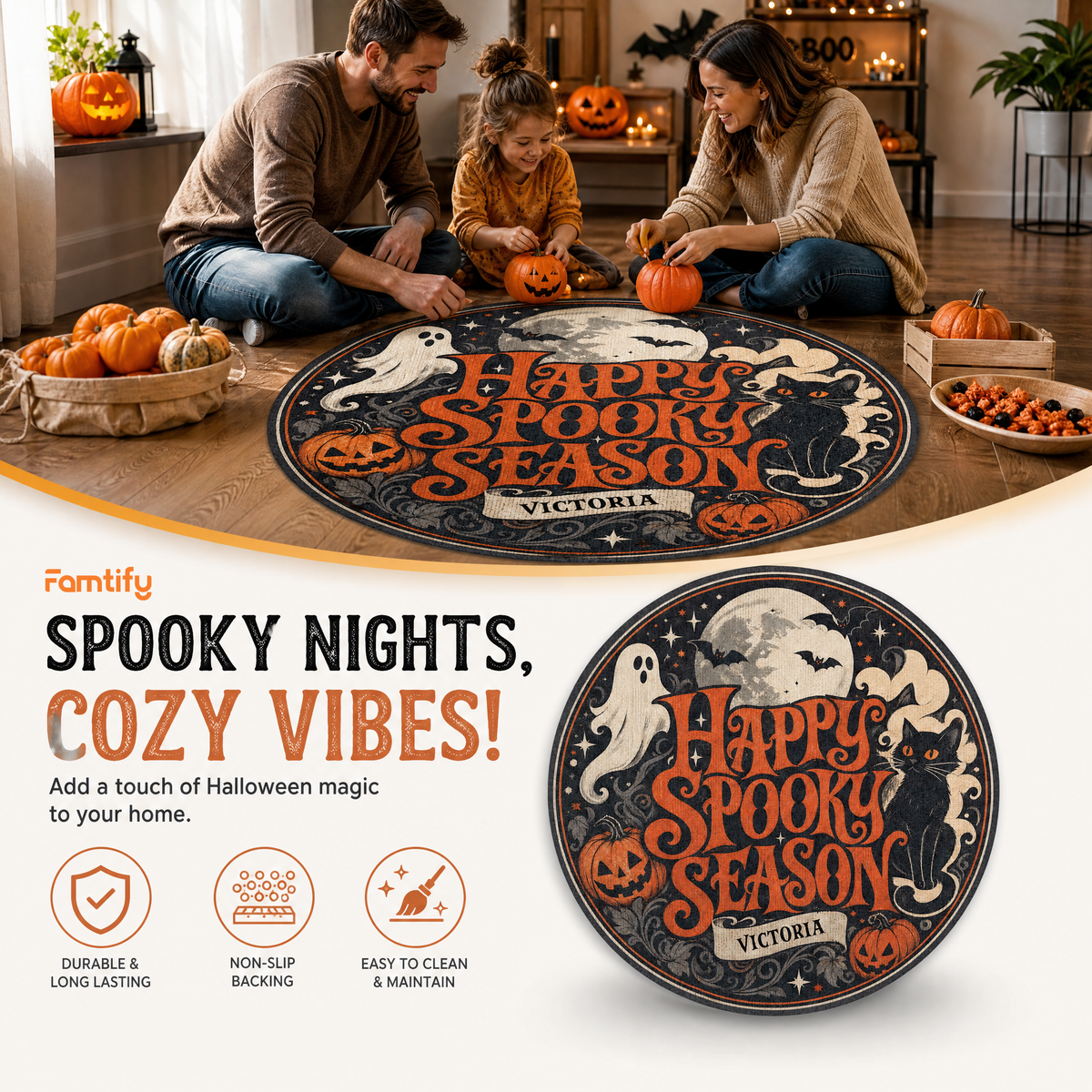 Personalized Happy Spooky Season Black Cat Ghost Round Rug Custom Name Home Decor Floor Mat