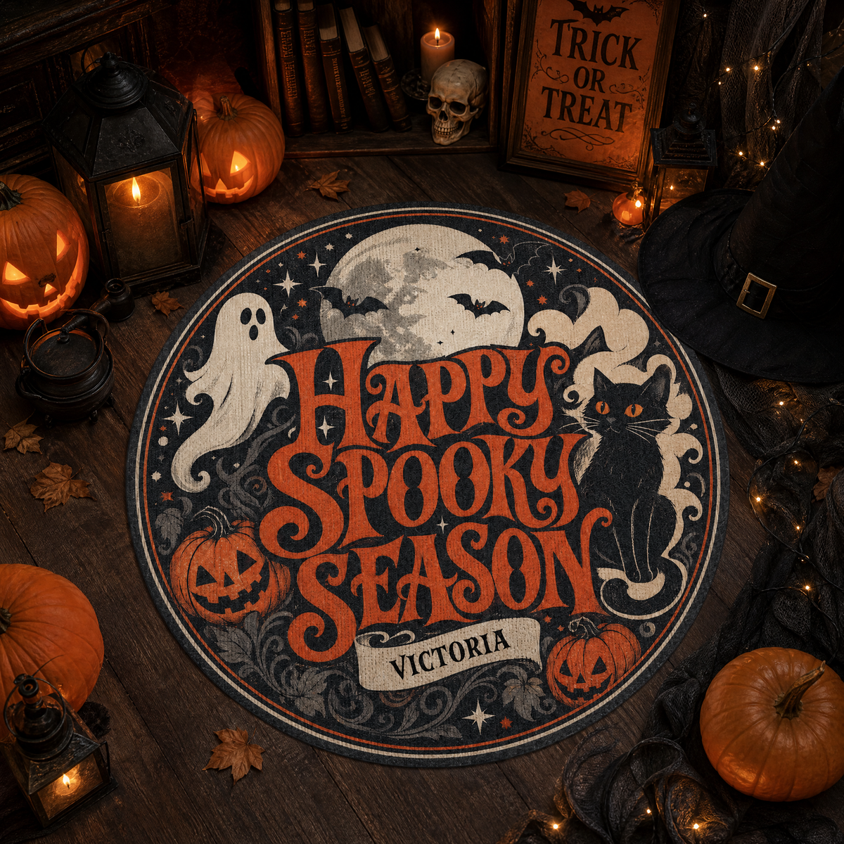 Personalized Happy Spooky Season Black Cat Ghost Round Rug Custom Name Home Decor Floor Mat