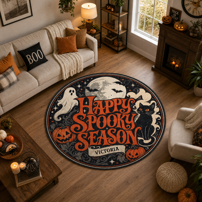 Personalized Happy Spooky Season Black Cat Ghost Round Rug Custom Name Home Decor Floor Mat