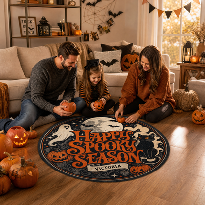 Personalized Happy Spooky Season Black Cat Ghost Round Rug Custom Name Home Decor Floor Mat