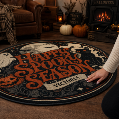 Personalized Happy Spooky Season Black Cat Ghost Round Rug Custom Name Home Decor Floor Mat