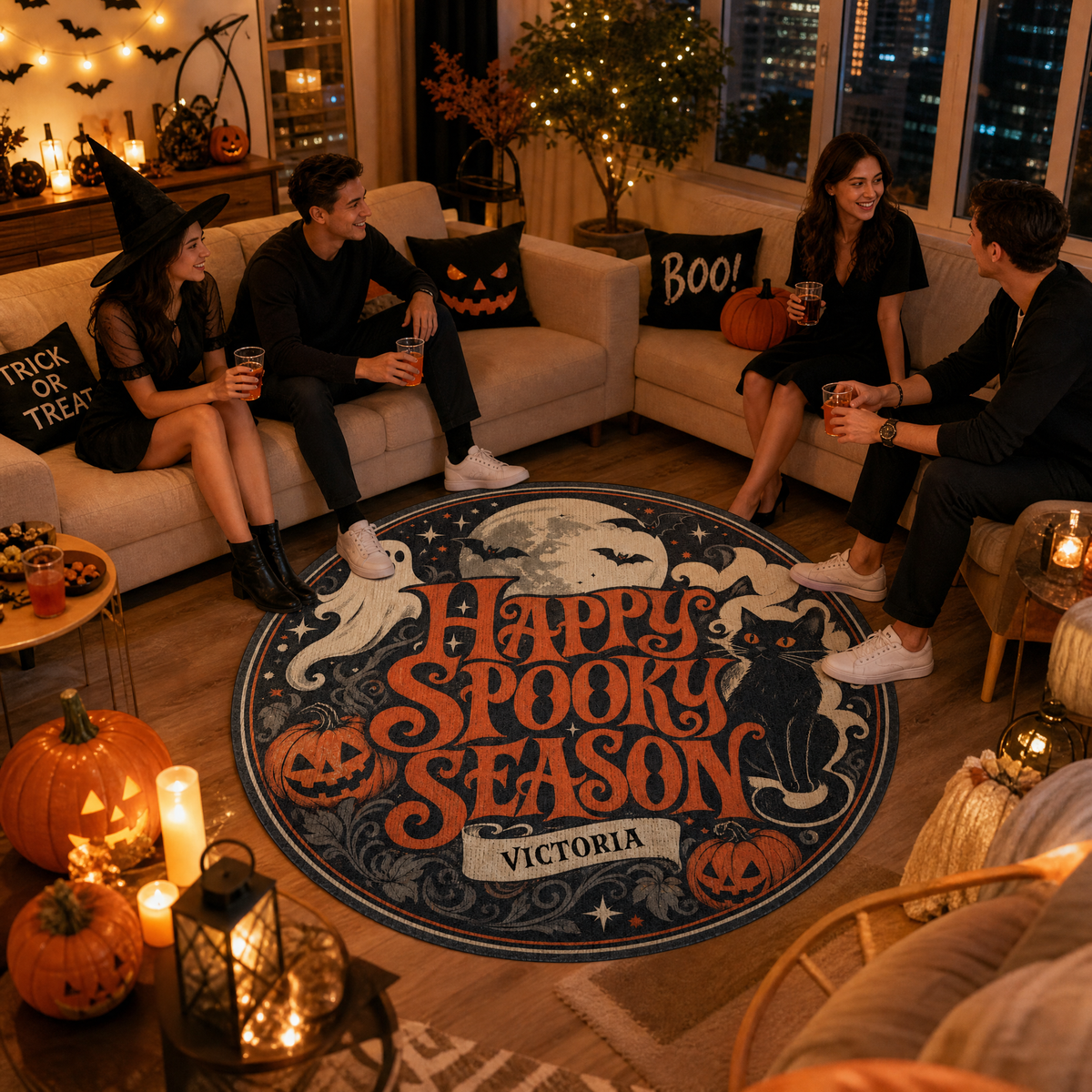 Personalized Happy Spooky Season Black Cat Ghost Round Rug Custom Name Home Decor Floor Mat