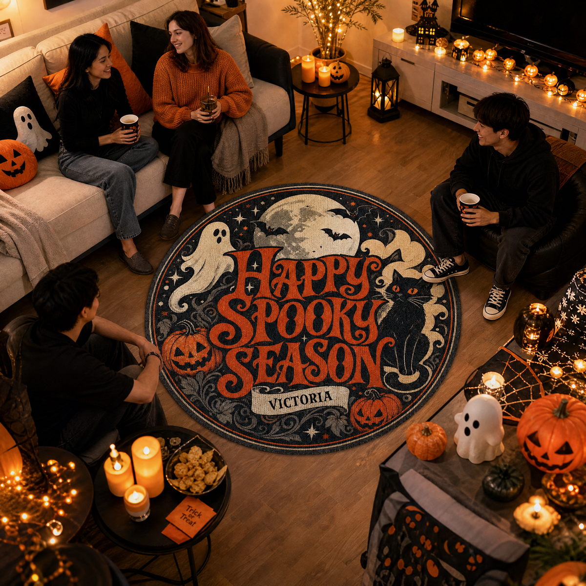 Personalized Happy Spooky Season Black Cat Ghost Round Rug Custom Name Home Decor Floor Mat