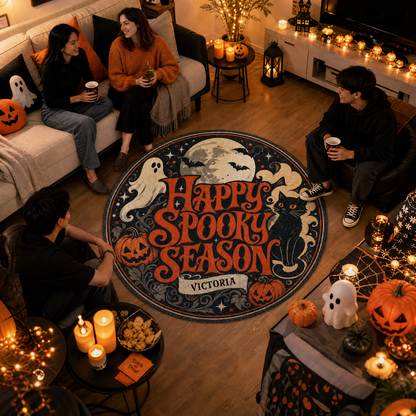 Personalized Happy Spooky Season Black Cat Ghost Round Rug Custom Name Home Decor Floor Mat