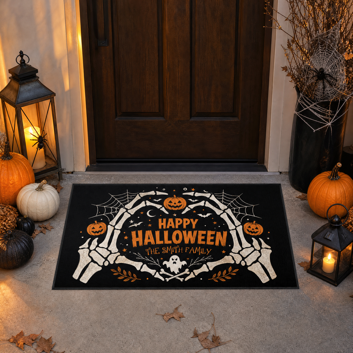 Personalized Happy Halloween Skeleton Heart Hands Doormat Custom Family Name Entrance Floor Mat
