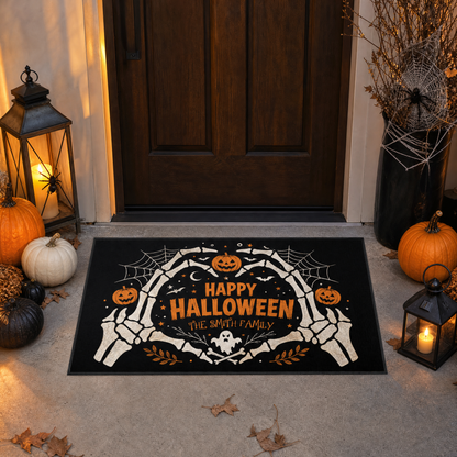 Personalized Happy Halloween Skeleton Heart Hands Doormat Custom Family Name Entrance Floor Mat