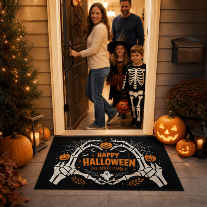 Personalized Happy Halloween Skeleton Heart Hands Doormat Custom Family Name Entrance Floor Mat