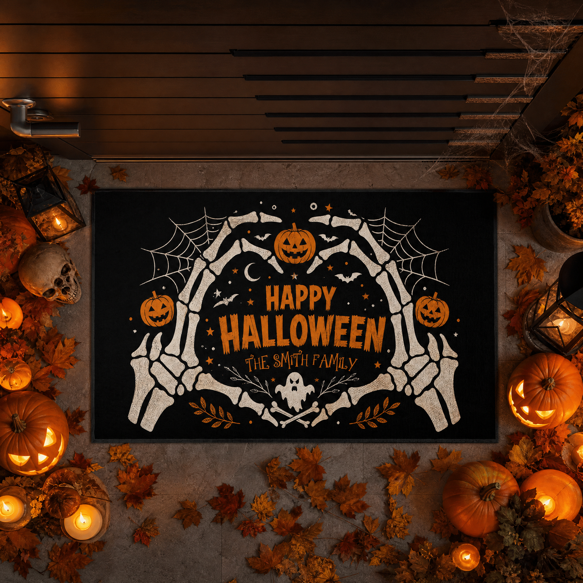 Personalized Happy Halloween Skeleton Heart Hands Doormat Custom Family Name Entrance Floor Mat