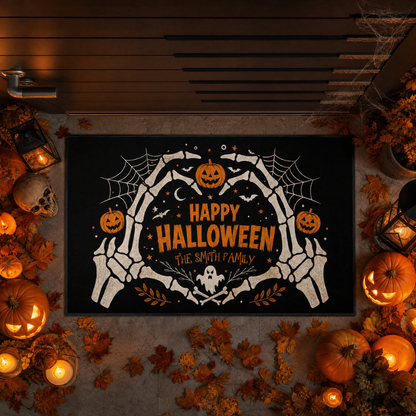Personalized Happy Halloween Skeleton Heart Hands Doormat Custom Family Name Entrance Floor Mat