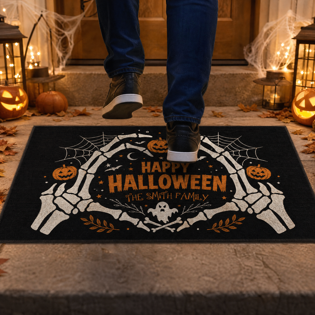 Personalized Happy Halloween Skeleton Heart Hands Doormat Custom Family Name Entrance Floor Mat