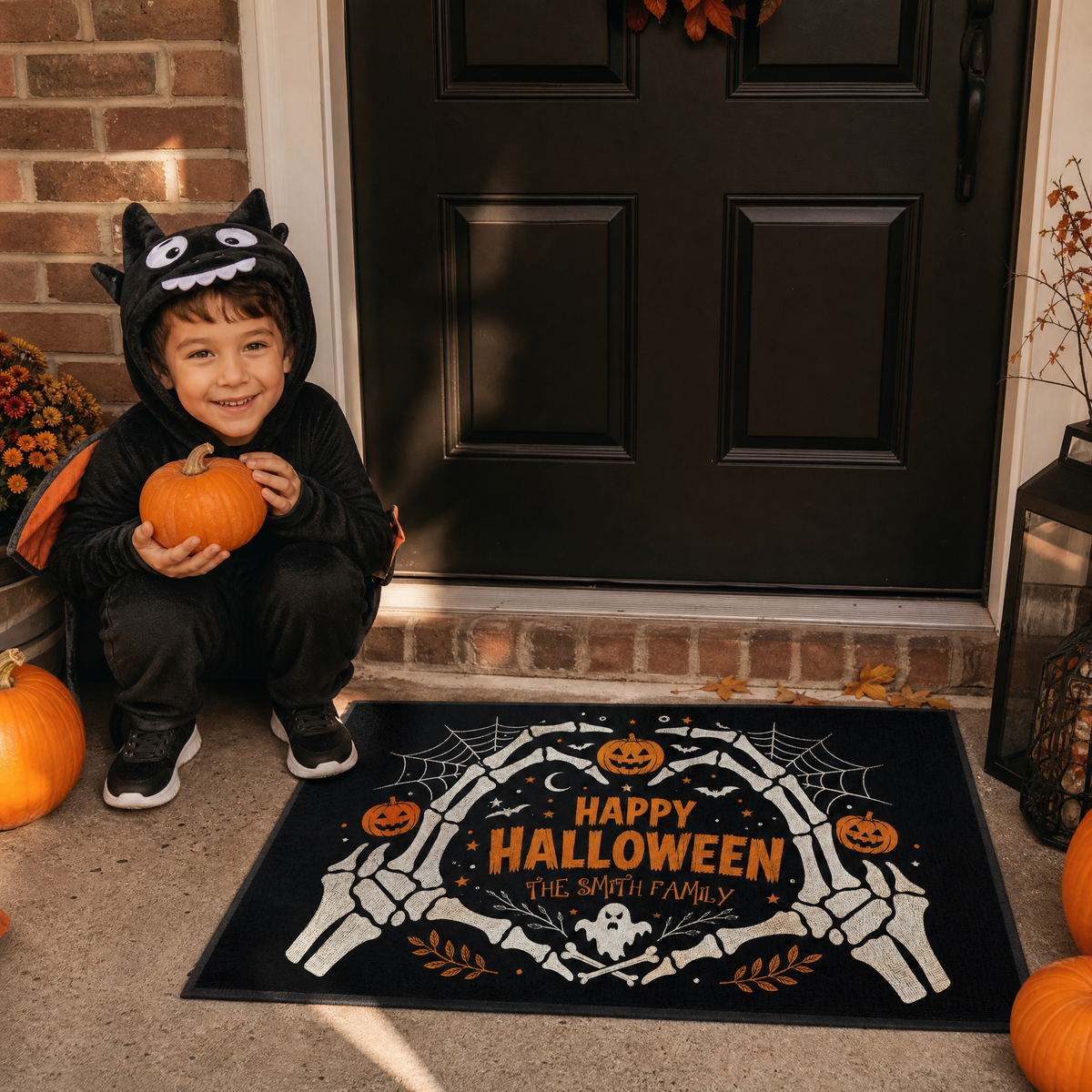 Personalized Happy Halloween Skeleton Heart Hands Doormat Custom Family Name Entrance Floor Mat