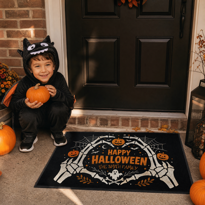 Personalized Happy Halloween Skeleton Heart Hands Doormat Custom Family Name Entrance Floor Mat