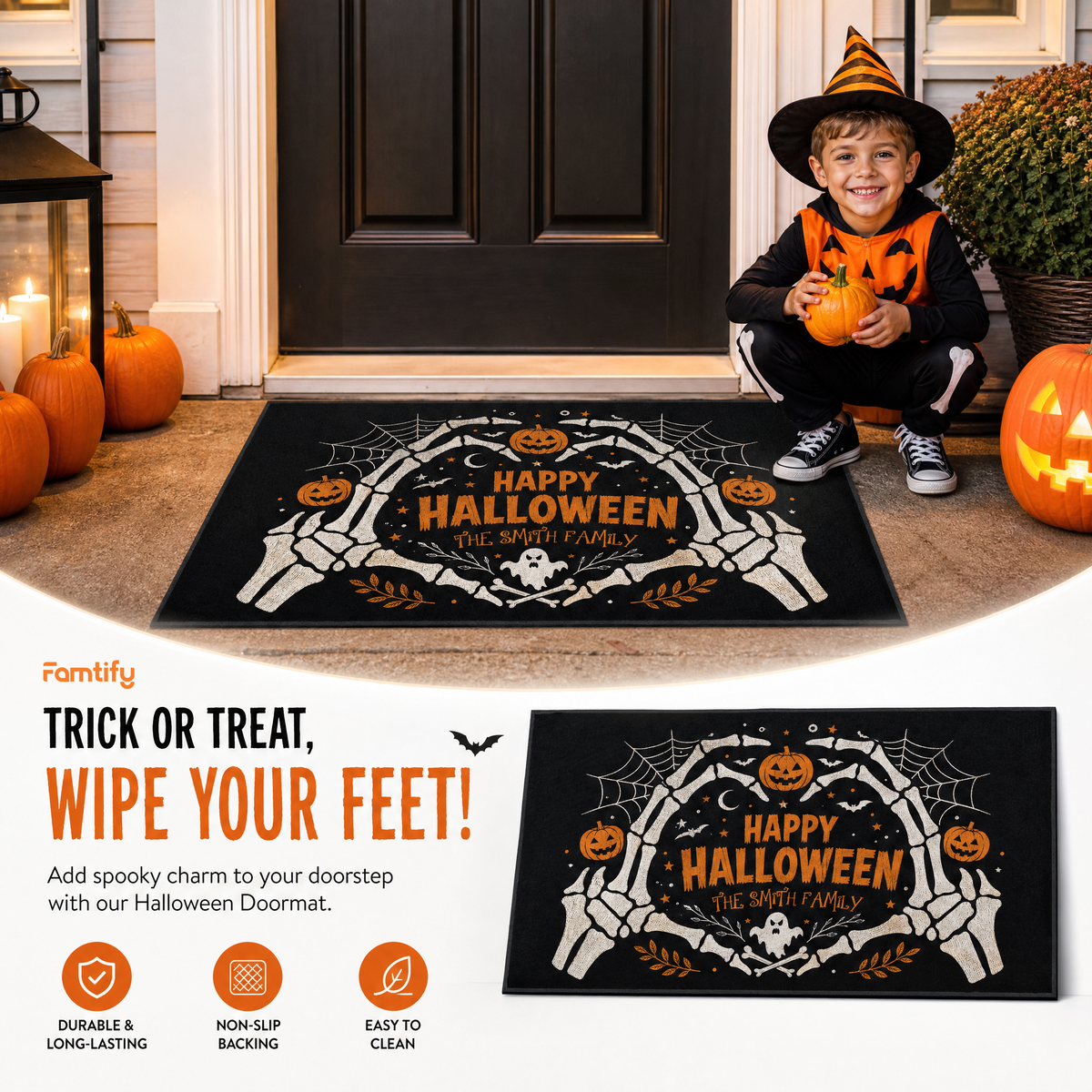 Personalized Happy Halloween Skeleton Heart Hands Doormat Custom Family Name Entrance Floor Mat