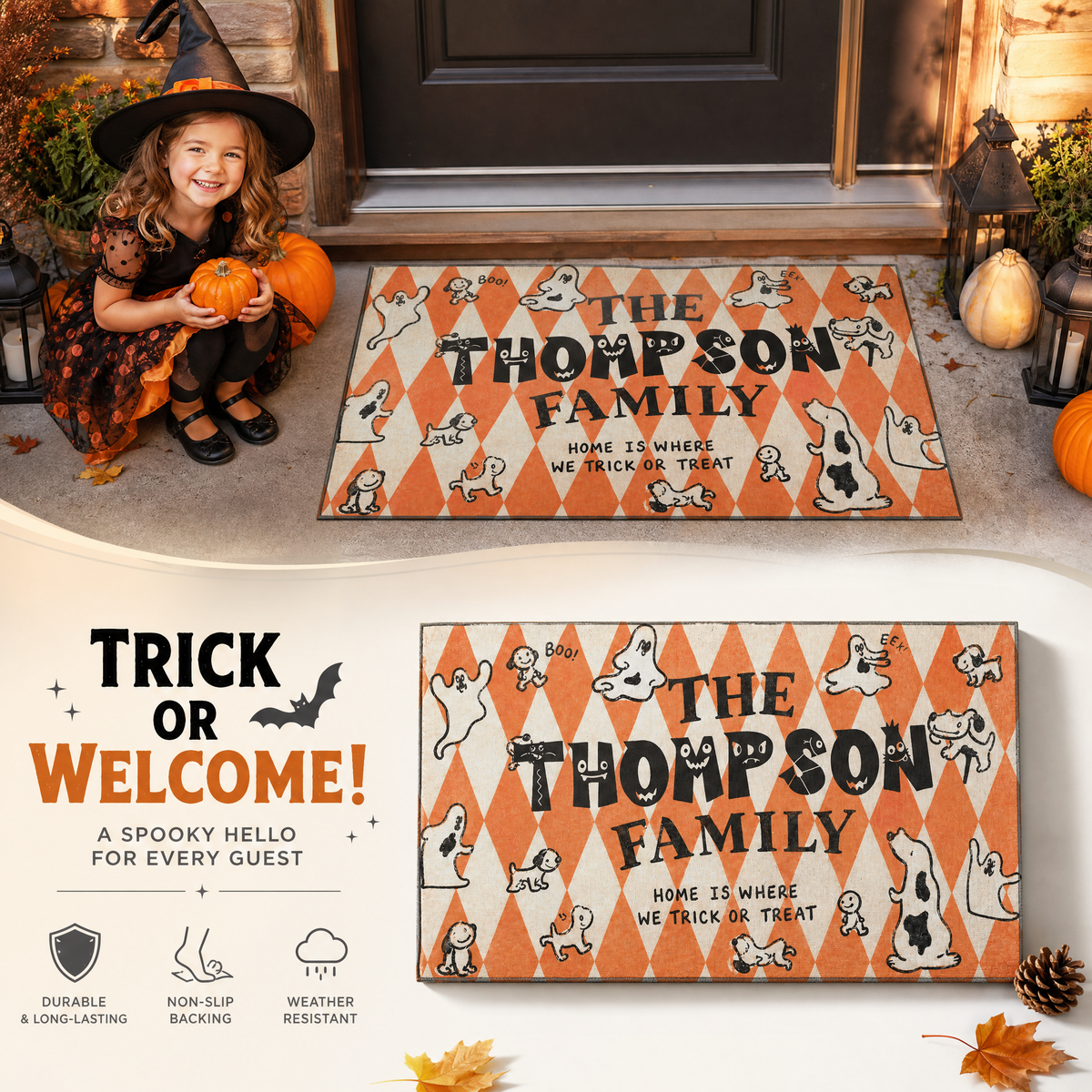 Personalized Halloween Home Is Where We Trick Or Treat Ghost Dog Doormat Custom Family Name Entrance Floor Mat