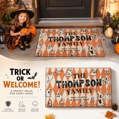 Personalized Halloween Home Is Where We Trick Or Treat Ghost Dog Doormat Custom Family Name Entrance Floor Mat
