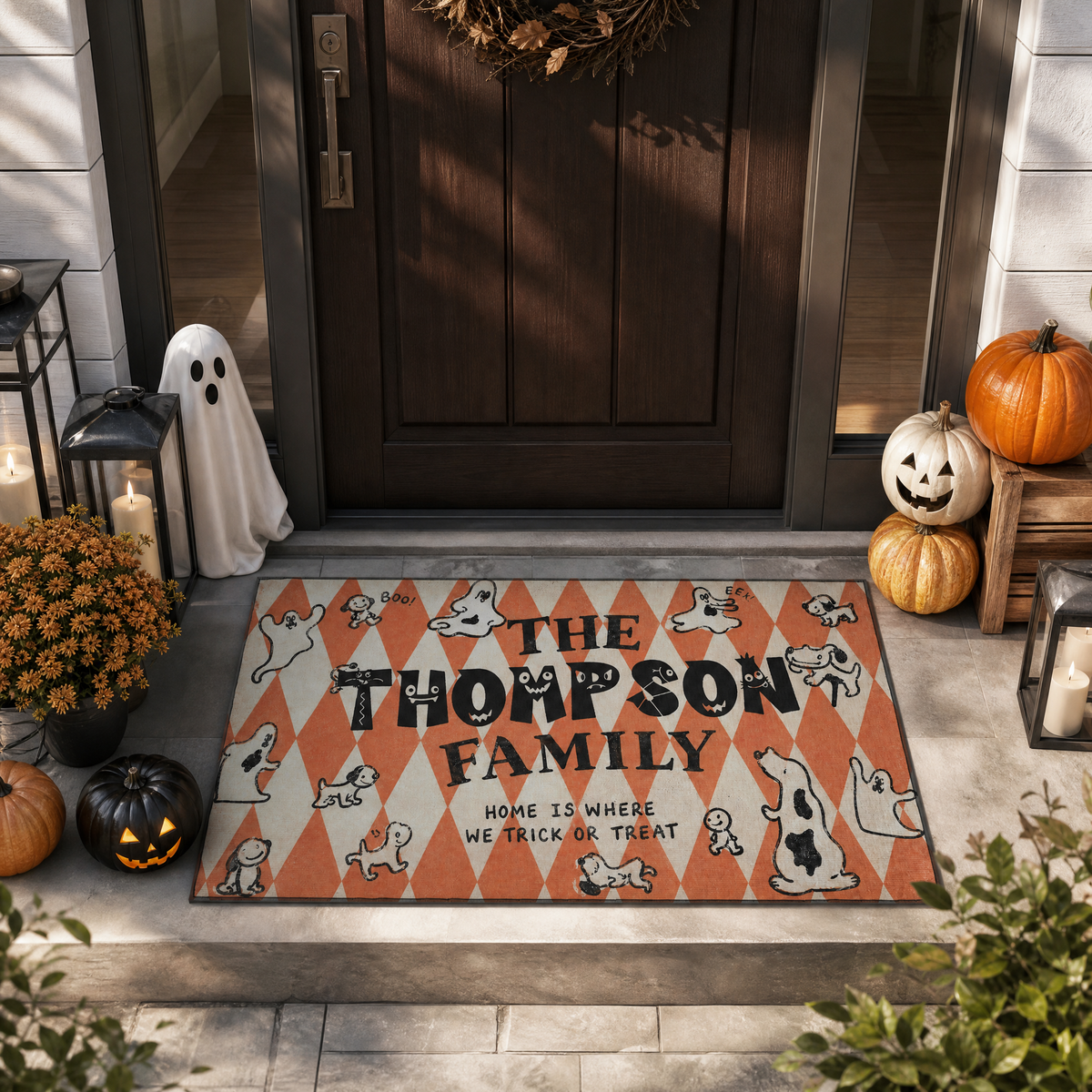 Personalized Halloween Home Is Where We Trick Or Treat Ghost Dog Doormat Custom Family Name Entrance Floor Mat