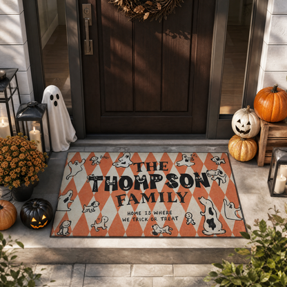 Personalized Halloween Home Is Where We Trick Or Treat Ghost Dog Doormat Custom Family Name Entrance Floor Mat