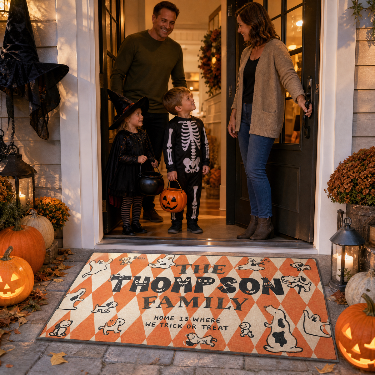 Personalized Halloween Home Is Where We Trick Or Treat Ghost Dog Doormat Custom Family Name Entrance Floor Mat