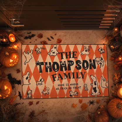 Personalized Halloween Home Is Where We Trick Or Treat Ghost Dog Doormat Custom Family Name Entrance Floor Mat