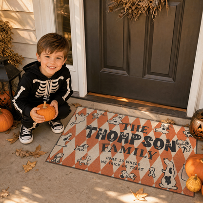 Personalized Halloween Home Is Where We Trick Or Treat Ghost Dog Doormat Custom Family Name Entrance Floor Mat
