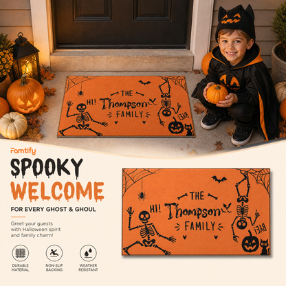 Personalized Halloween Funny Dancing Skeleton Hi Bye Doormat Custom Family Name Entrance Floor Mat