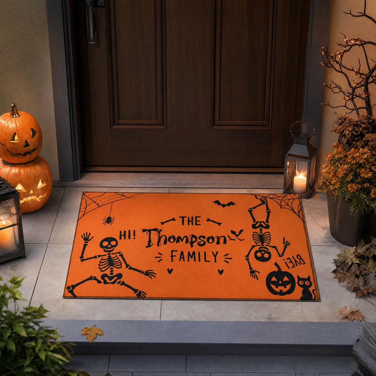 Personalized Halloween Funny Dancing Skeleton Hi Bye Doormat Custom Family Name Entrance Floor Mat