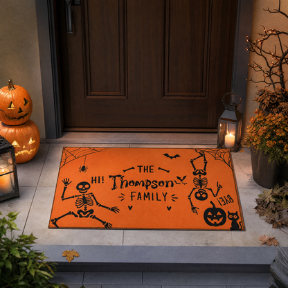 Personalized Halloween Funny Dancing Skeleton Hi Bye Doormat Custom Family Name Entrance Floor Mat