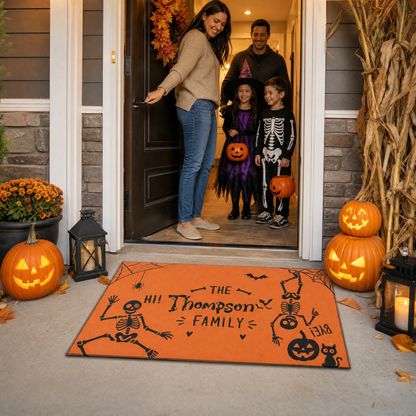 Personalized Halloween Funny Dancing Skeleton Hi Bye Doormat Custom Family Name Entrance Floor Mat