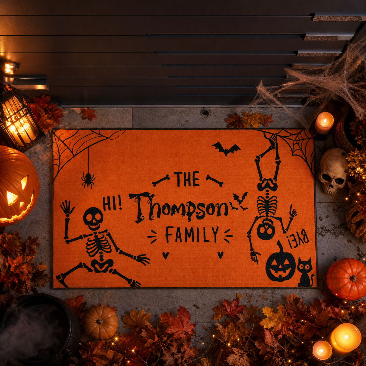 Personalized Halloween Funny Dancing Skeleton Hi Bye Doormat Custom Family Name Entrance Floor Mat
