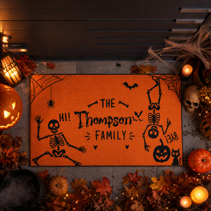 Personalized Halloween Funny Dancing Skeleton Hi Bye Doormat Custom Family Name Entrance Floor Mat