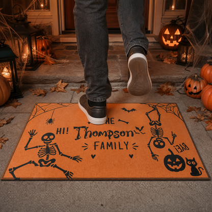 Personalized Halloween Funny Dancing Skeleton Hi Bye Doormat Custom Family Name Entrance Floor Mat