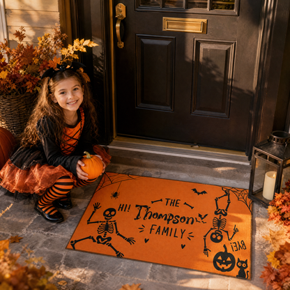 Personalized Halloween Funny Dancing Skeleton Hi Bye Doormat Custom Family Name Entrance Floor Mat