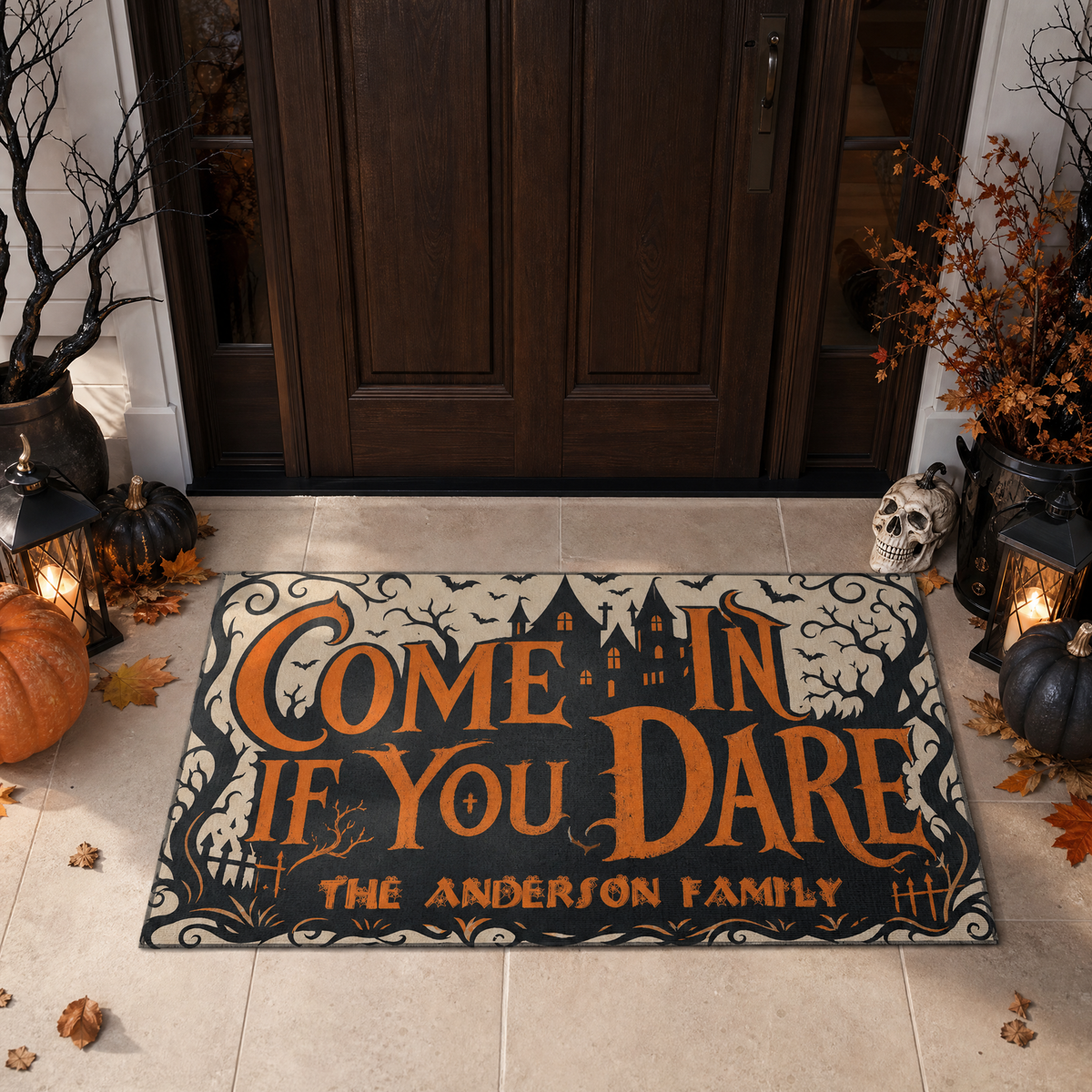 Personalized Halloween Come In If You Dare Haunted Castle Doormat Custom Family Name Entrance Floor Mat