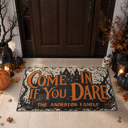 Personalized Halloween Come In If You Dare Haunted Castle Doormat Custom Family Name Entrance Floor Mat