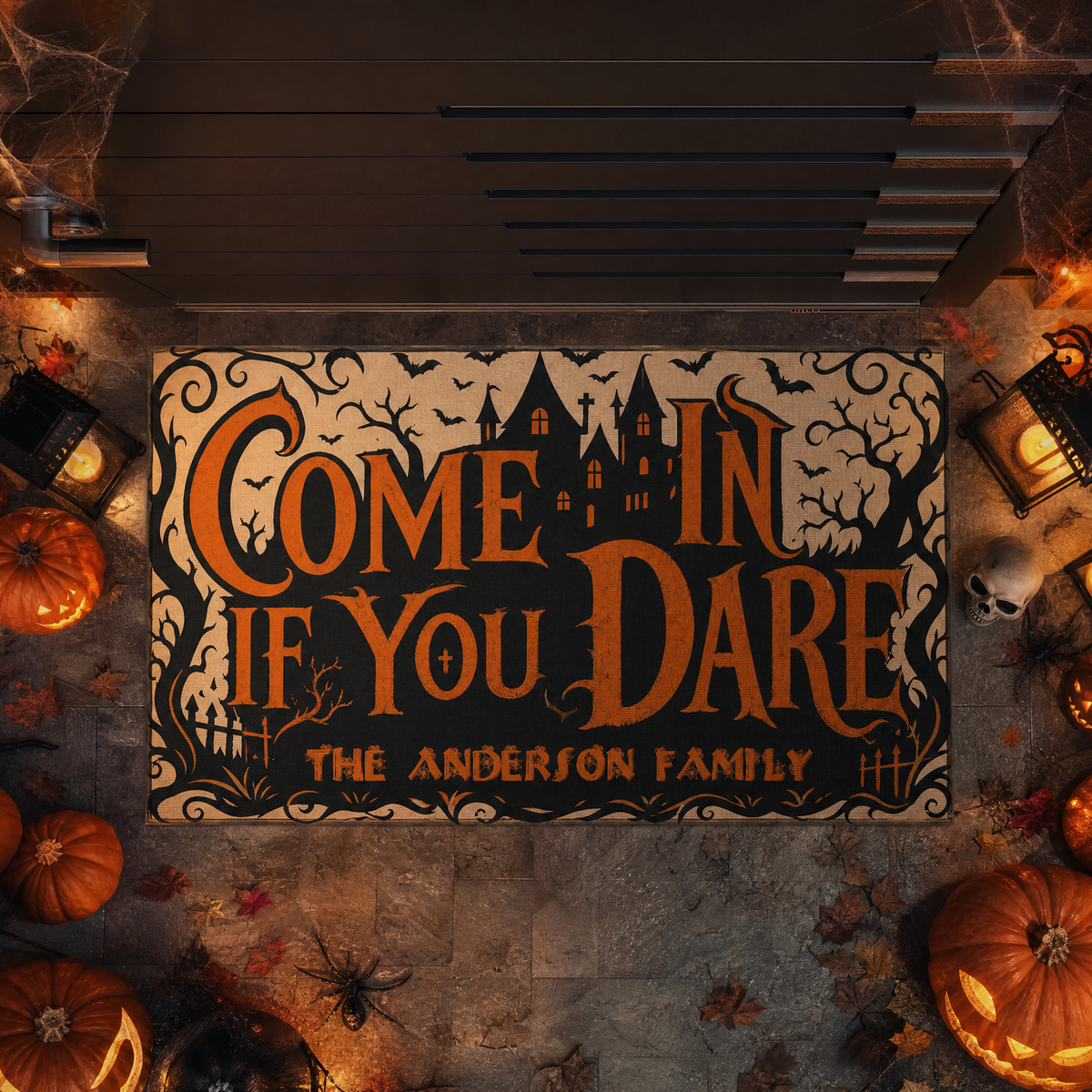 Personalized Halloween Come In If You Dare Haunted Castle Doormat Custom Family Name Entrance Floor Mat